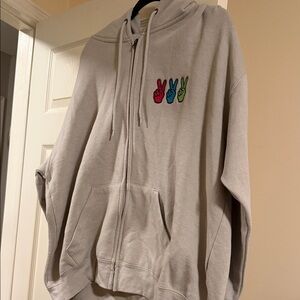 Gray Zip-Up Hoodie with Peace Sign Embroidery